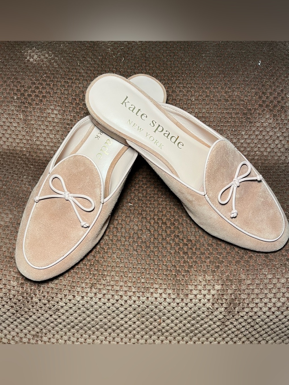 Kate Spade Devi Suede Bow Mules Slides Tan Beige 7.5